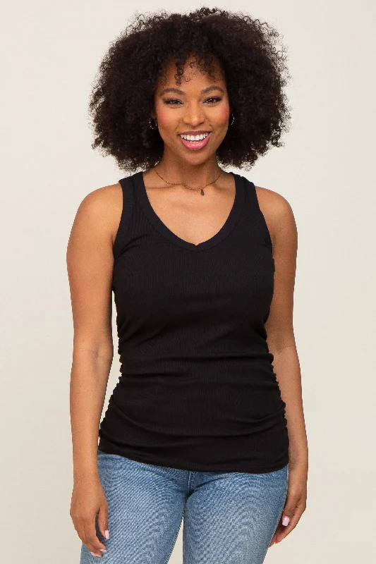 Black Ribbed Sleeveless Ruched Tank Top